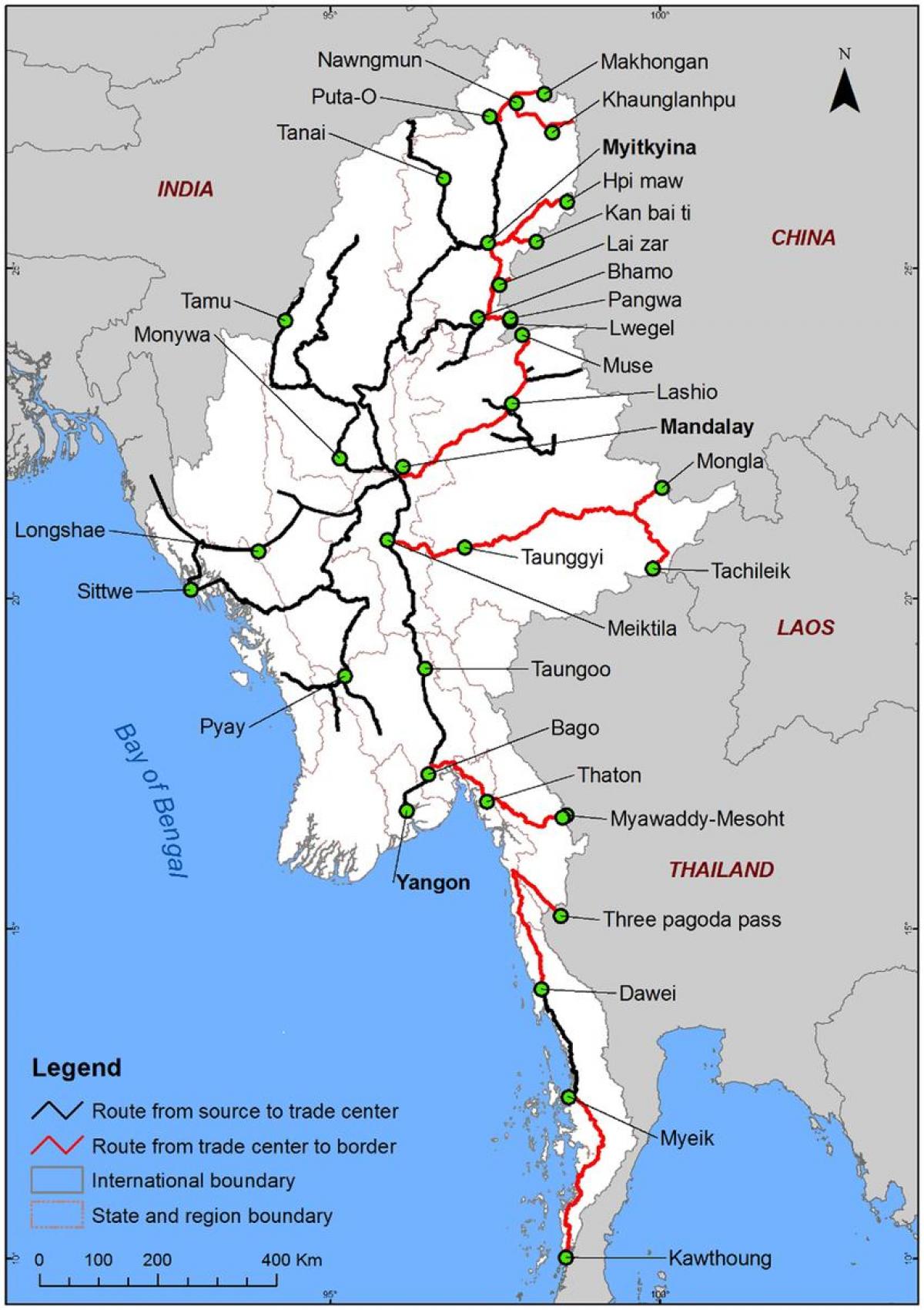 Myanmar errepide mapa zehatz-mehatz